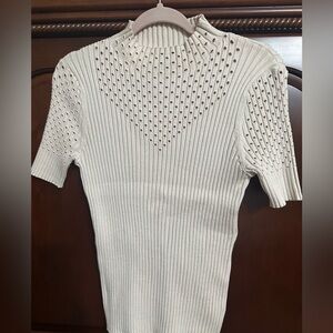 Cream Ribbed Knit Top with Eyelet Details